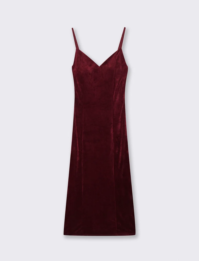 Vestito lungo con bretelline in ciniglia - Bordeaux