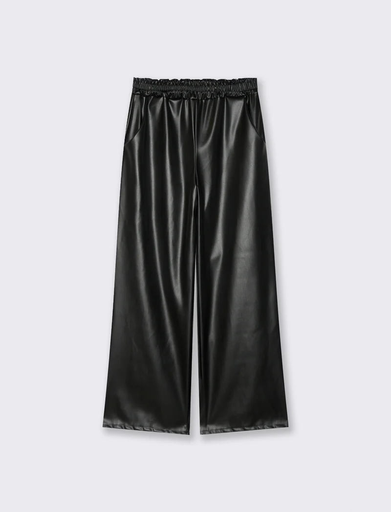Pantalone palazzo con elastico in vita in ecopelle - Nero