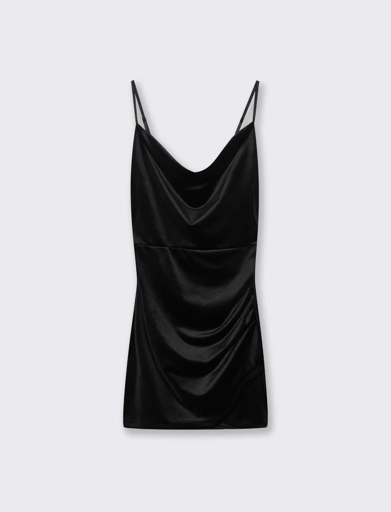 Vestito corto con arriccio sul fianco in tessuto ciniglia - Nero