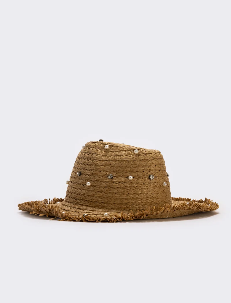 Cappello cowboy con perle e strass - Beige