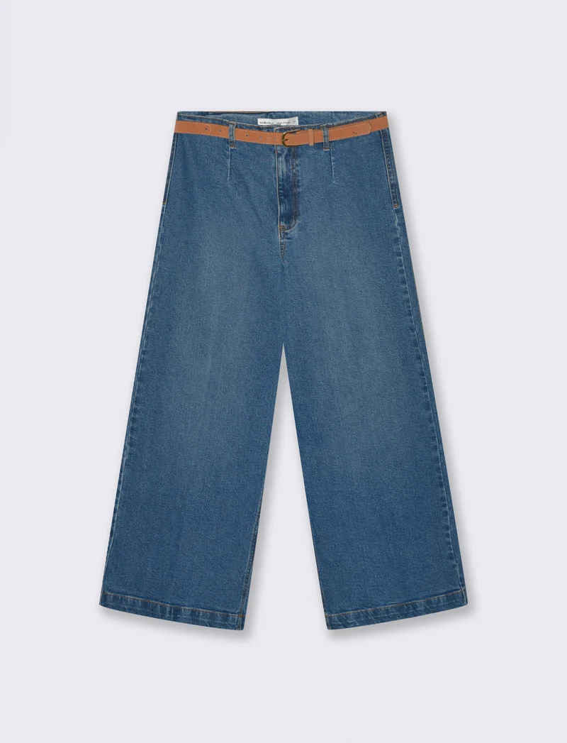 Jeans Gamba Larga con Cintura e Tasche - Denim