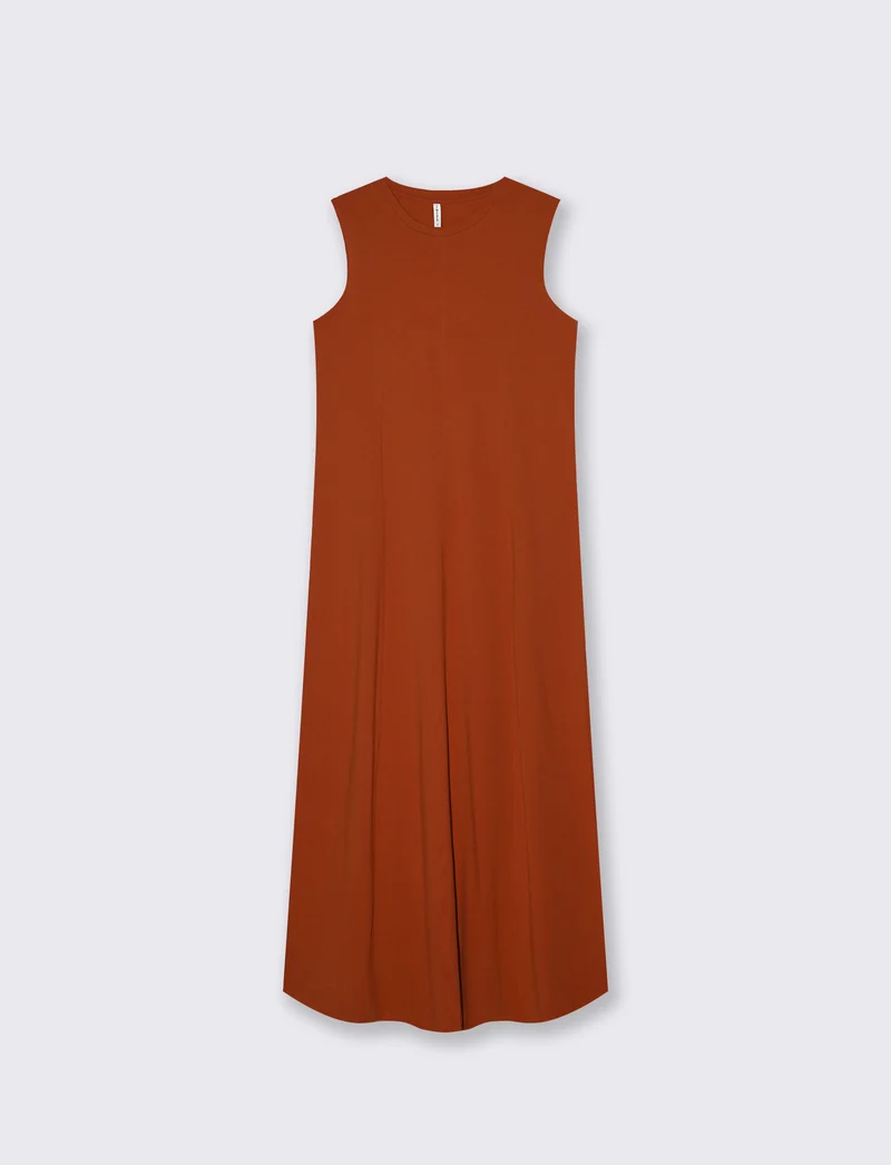Vestito lungo in cotone svasato senza maniche - Cognac