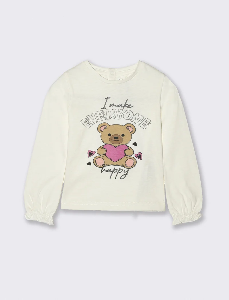T shirt manica lunga con stampa - Bianco panna