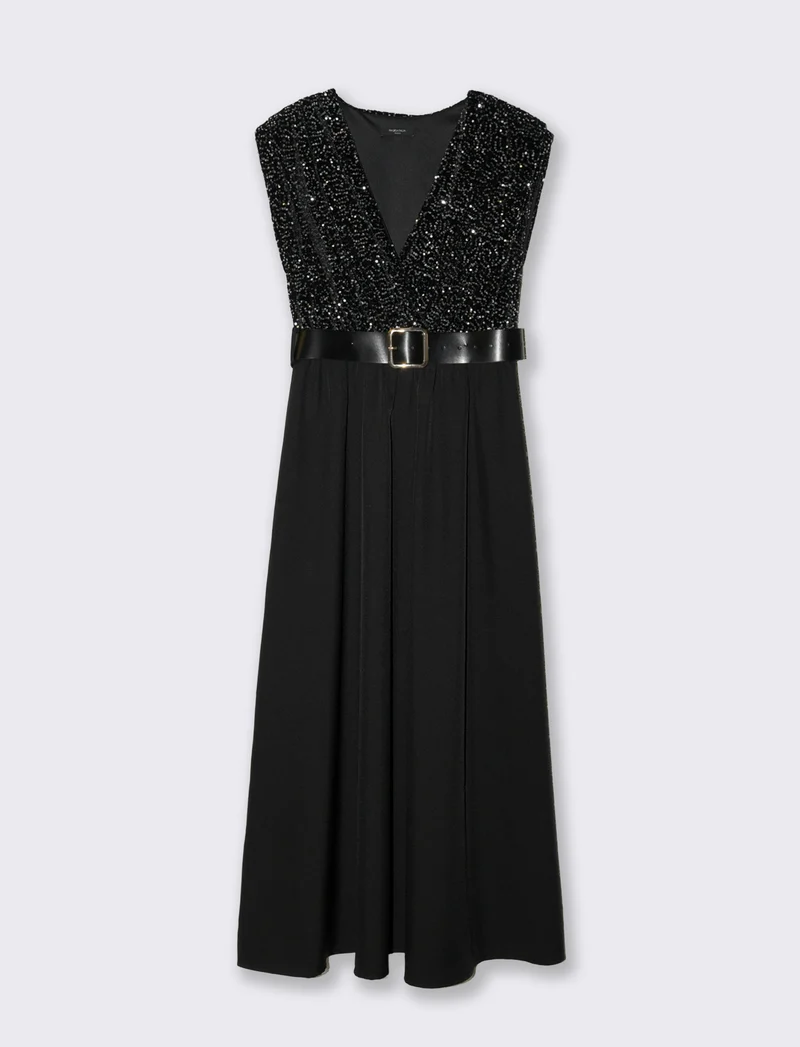 Vestito con doppio tessuto e cintura, paillettes e tessuto unito - Argento