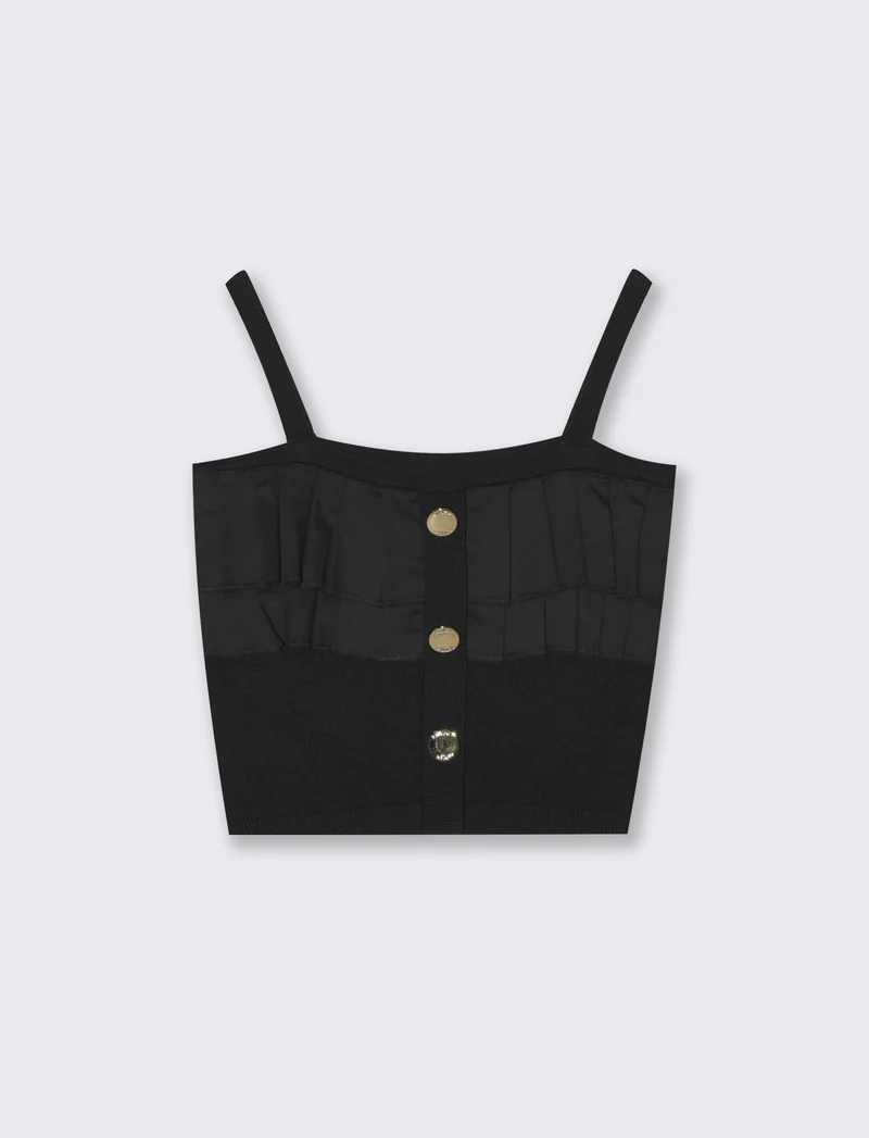 Top elegante in maglia con balze e bottoni - Nero