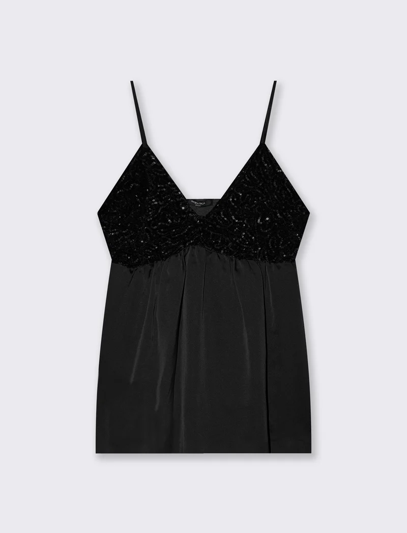 Top in paillettes e georgette - Nero