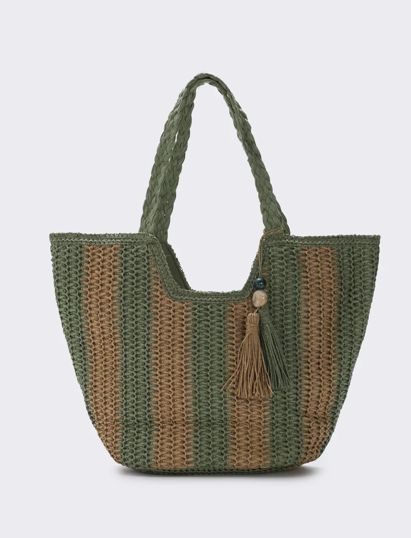 Borsa shopper in paglia a righe - Verde