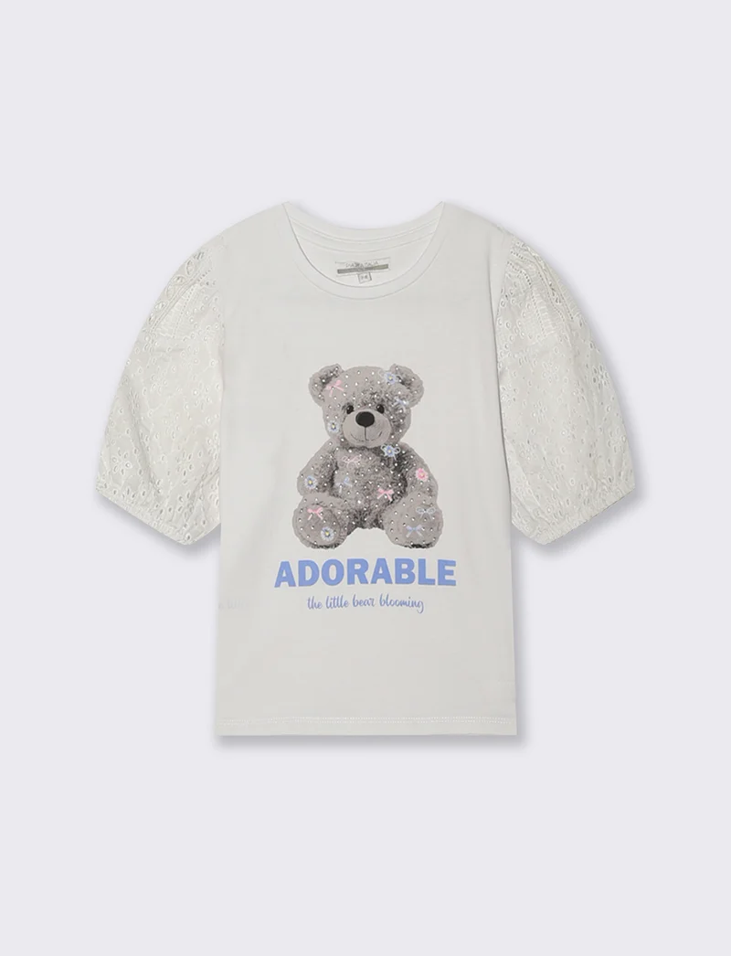 T-shirt in cotone con maniche in pizzo e strass - Bianco