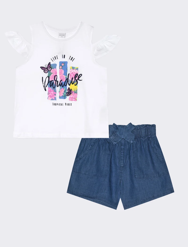 Completo chambray con top Bardot - Bianco
