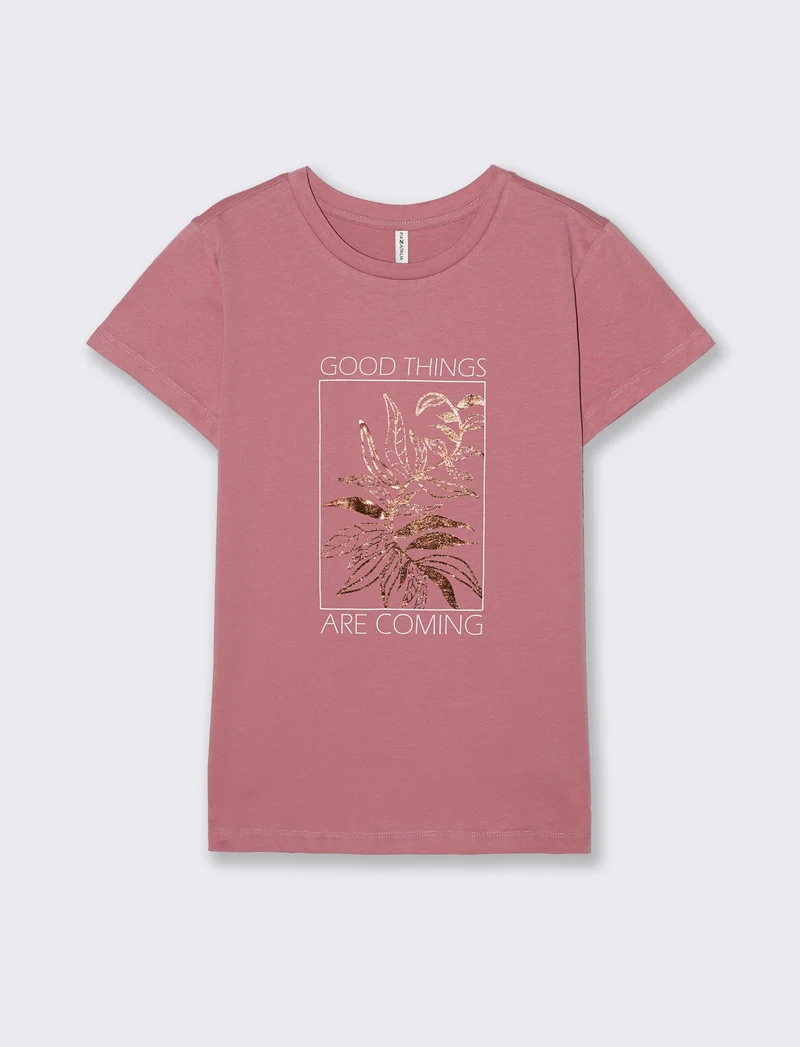 T-Shirt Manica Corta con Stampa - Rosa polvere