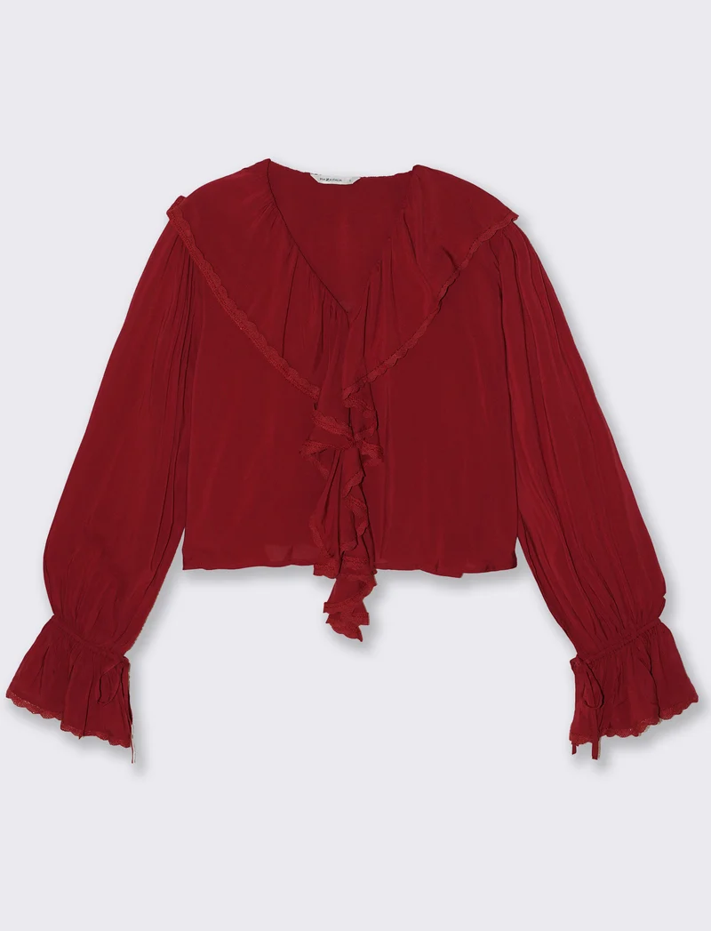 Blusa con rouches e scollo a V - Rosso india