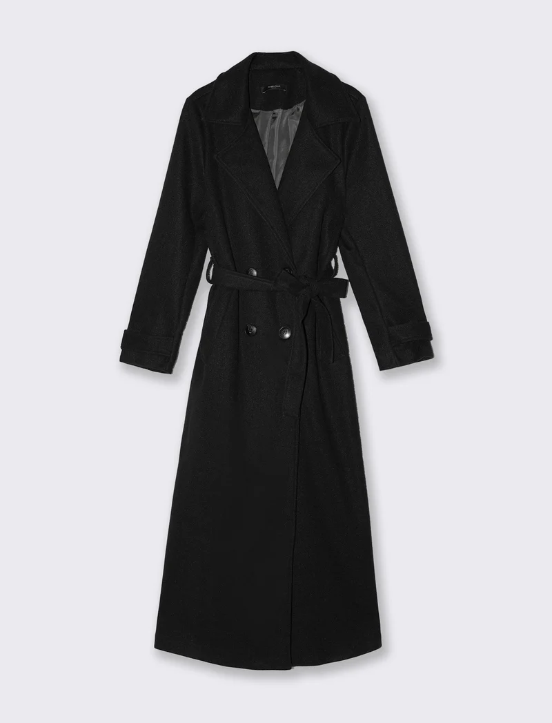Cappotto trench doppiopetto con cintura - Nero
