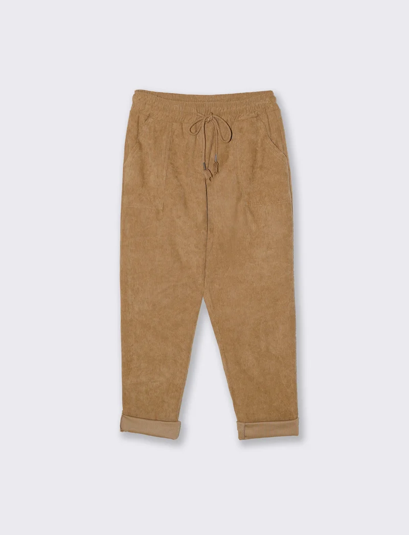 Pantalone con elastico in velluto - Cammello