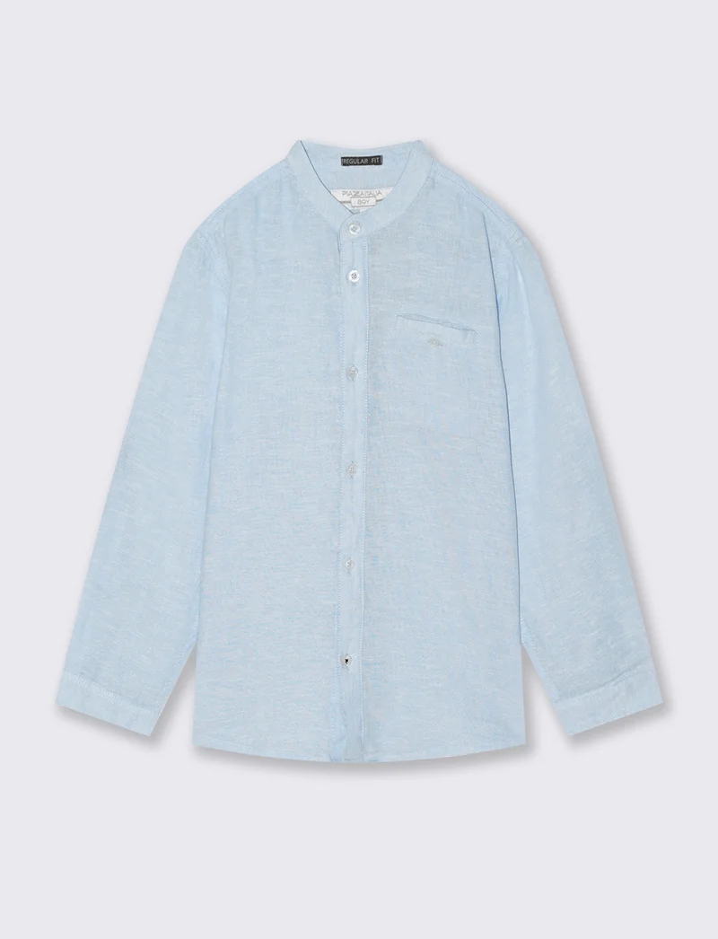 Camicia coreana in cotone e lino maniche lunghe - Celeste