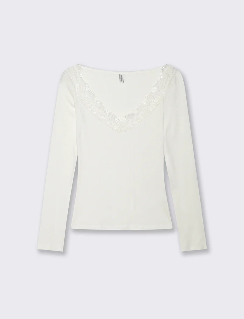 T-shirt con pizzo e scollo a V lungo - Avorio