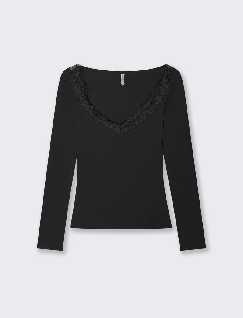 T-shirt con pizzo e scollo a V lungo - Nero