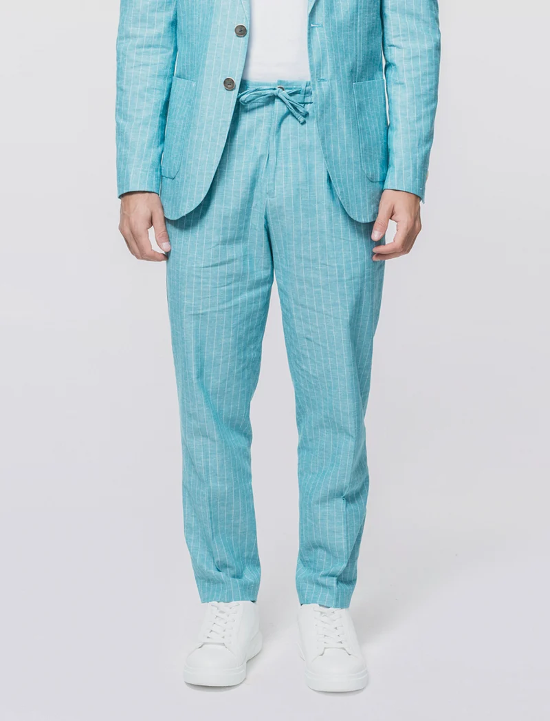 Pantaloni formal fit in linen blend rigato - Verde petrolio