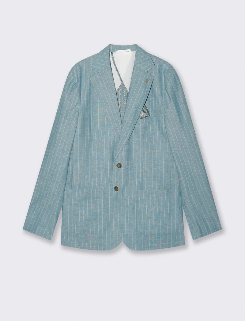 Blazer formal fit in linen blend a righe - Verde petrolio