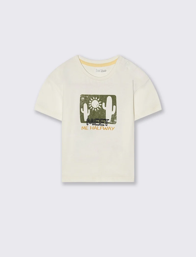 Maglietta girocollo con stampe e ricami - Bianco latte