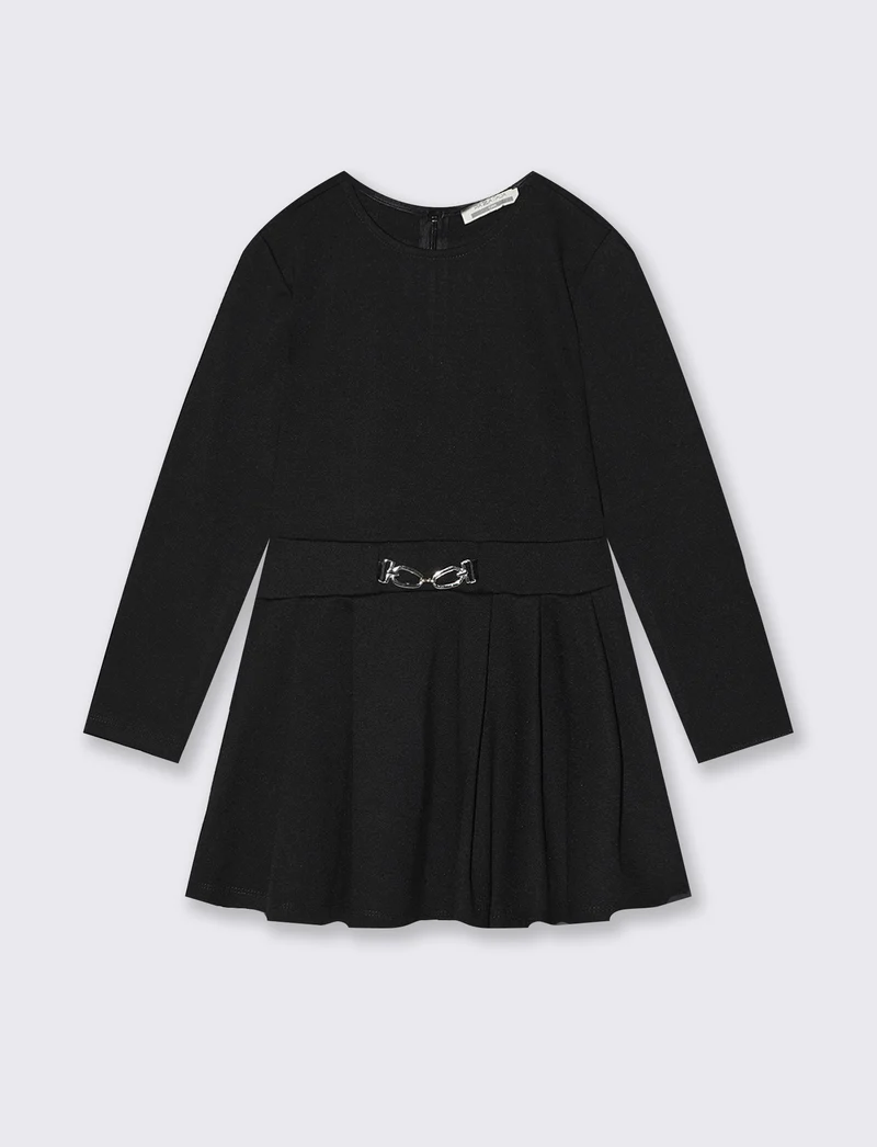 Abito elegante in punto milano con gonna a pieghe. - Nero