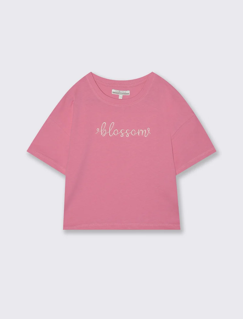 T-shirt mezza manica in cotone con ricamo - Rosa big bubble