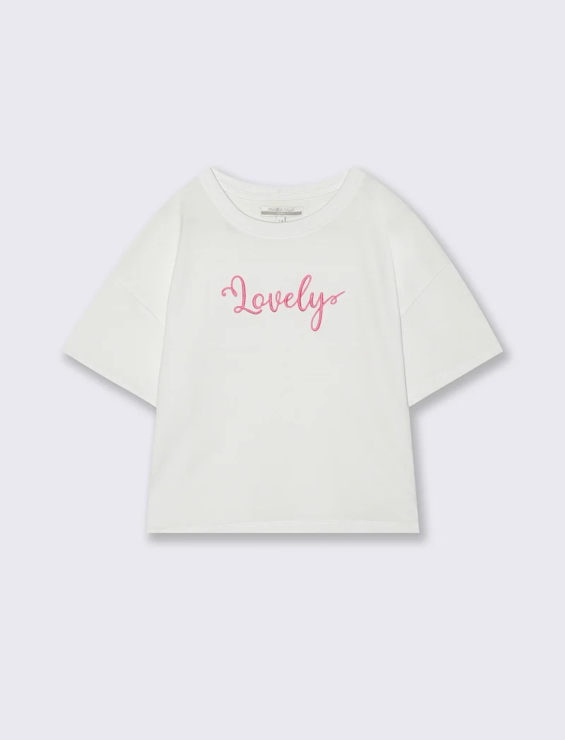 T-shirt mezza manica in cotone con ricamo - Bianco