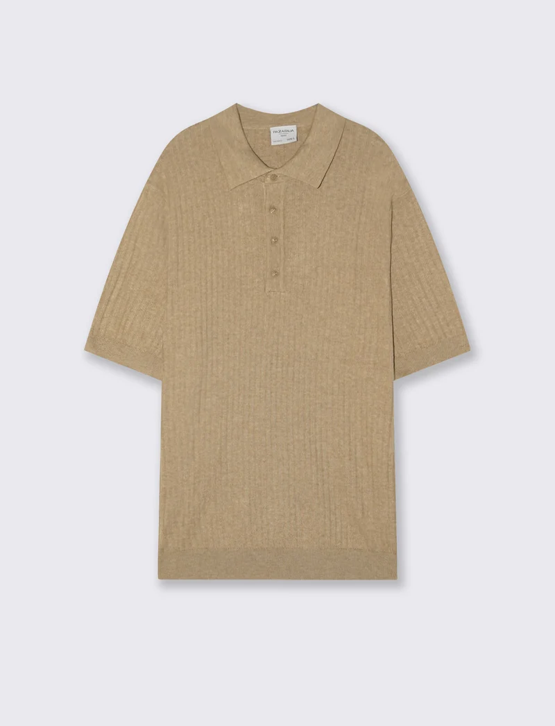 Polo in Maglia di Cotone a Coste - Beige