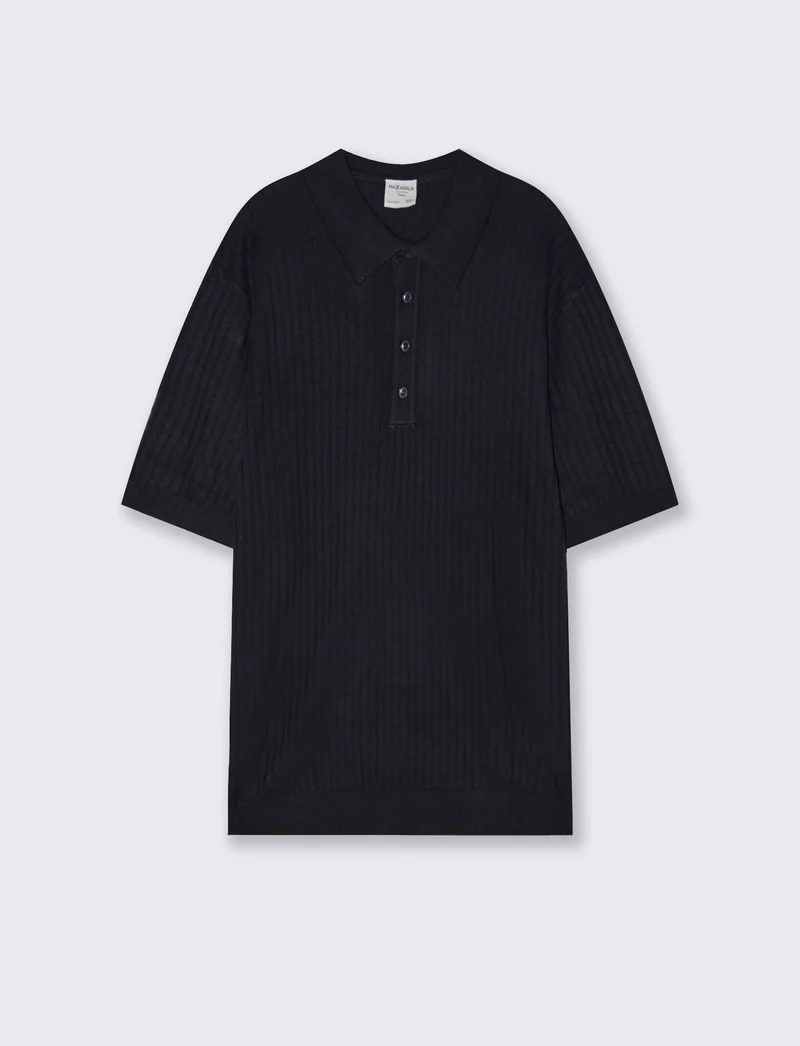 Polo in Maglia di Cotone a Coste - Blu
