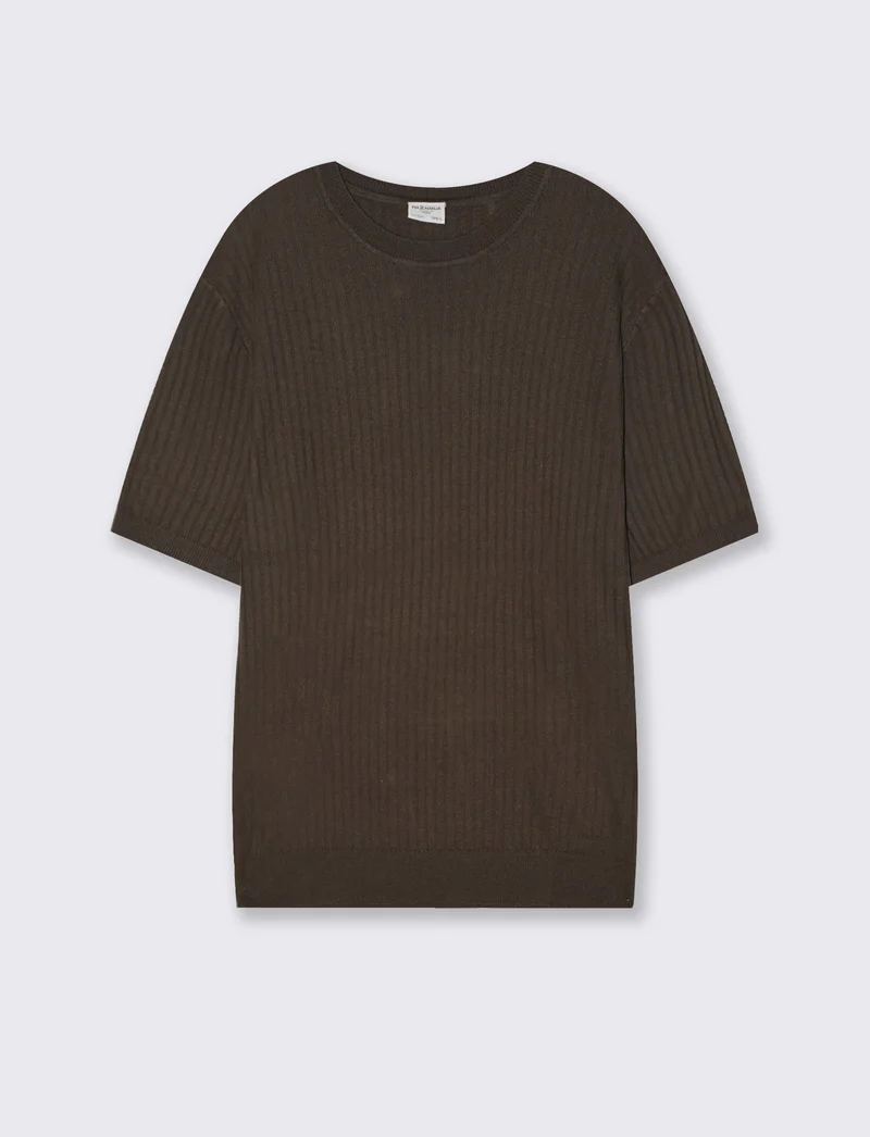 T-shirt girocollo in maglia a coste - Moro