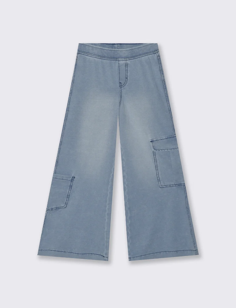 Pantaloni wide leg in finto denim elasticizzato - Denim chiaro