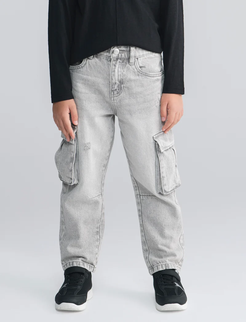 Jeans baggy in cotone con tache e vita elastica - Grigio