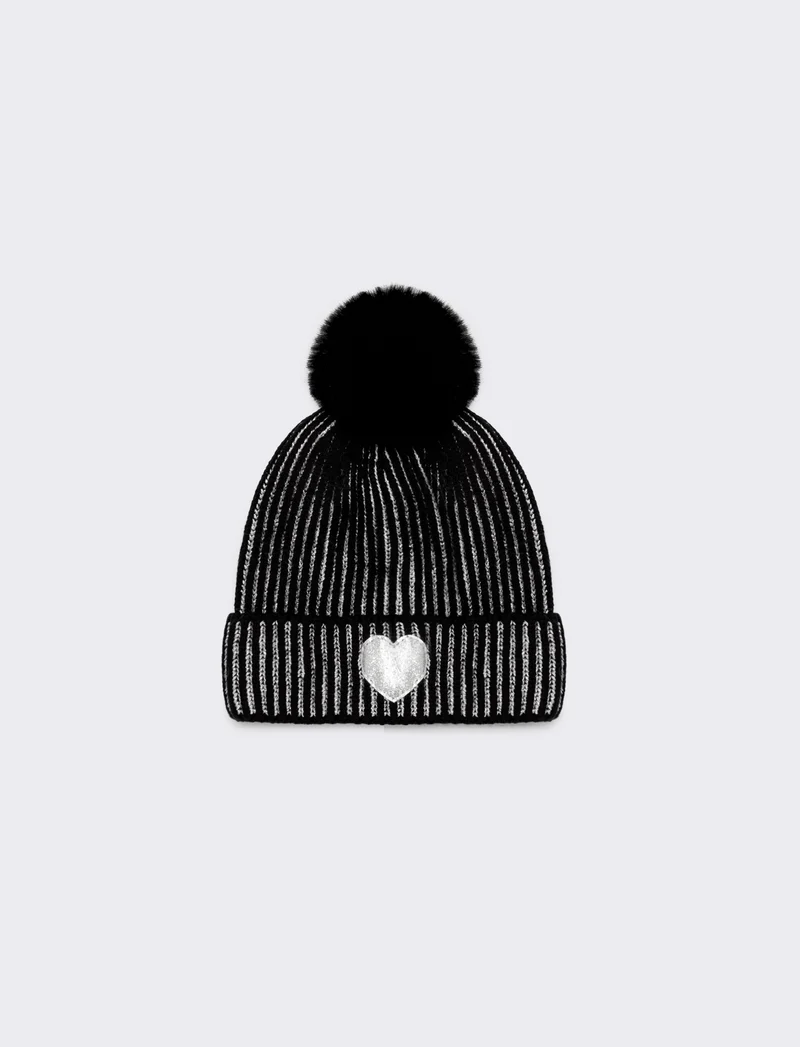 Cappello con pon pon a cuore glitter - Nero