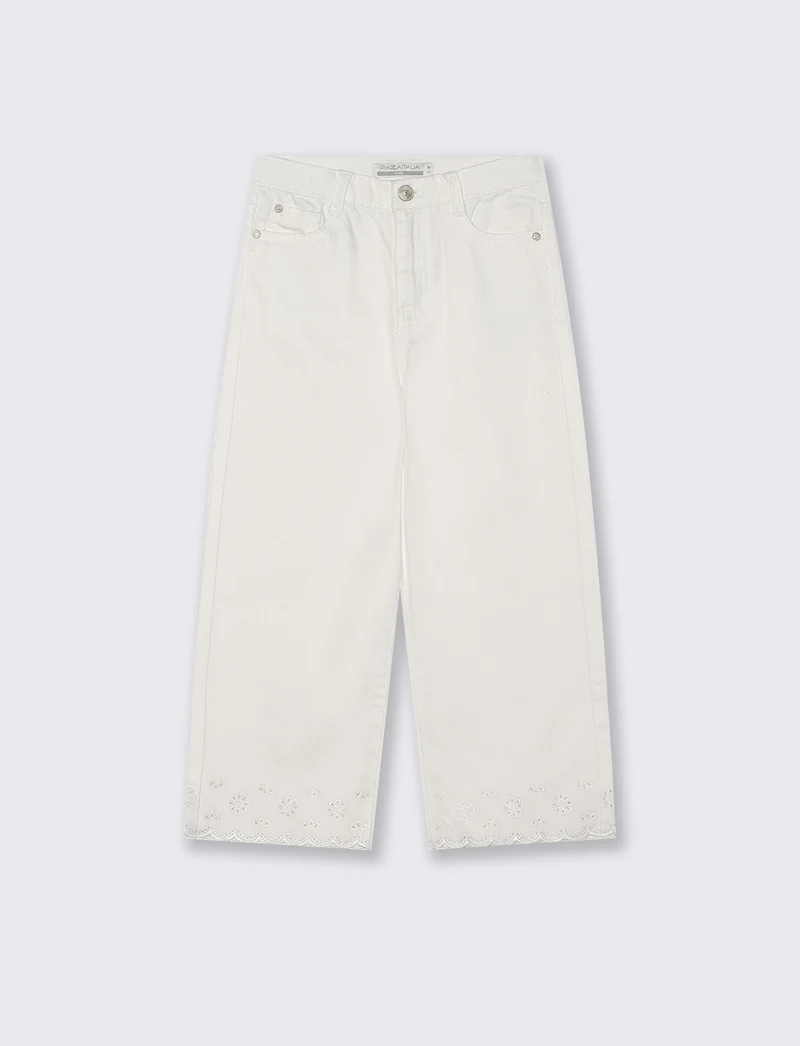 Pantaloni wide leg in twill con ricamo - Bianco latte