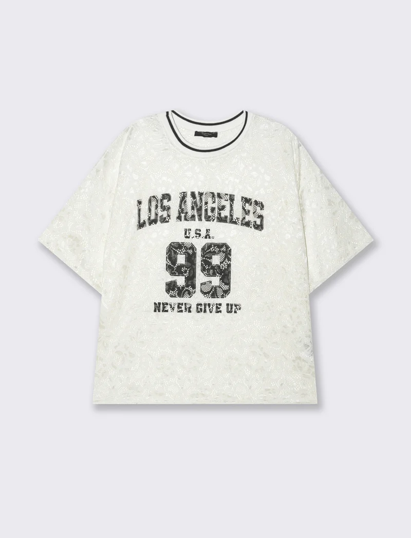 Tshirt in pizzo con stampa sul davanti - Bianco