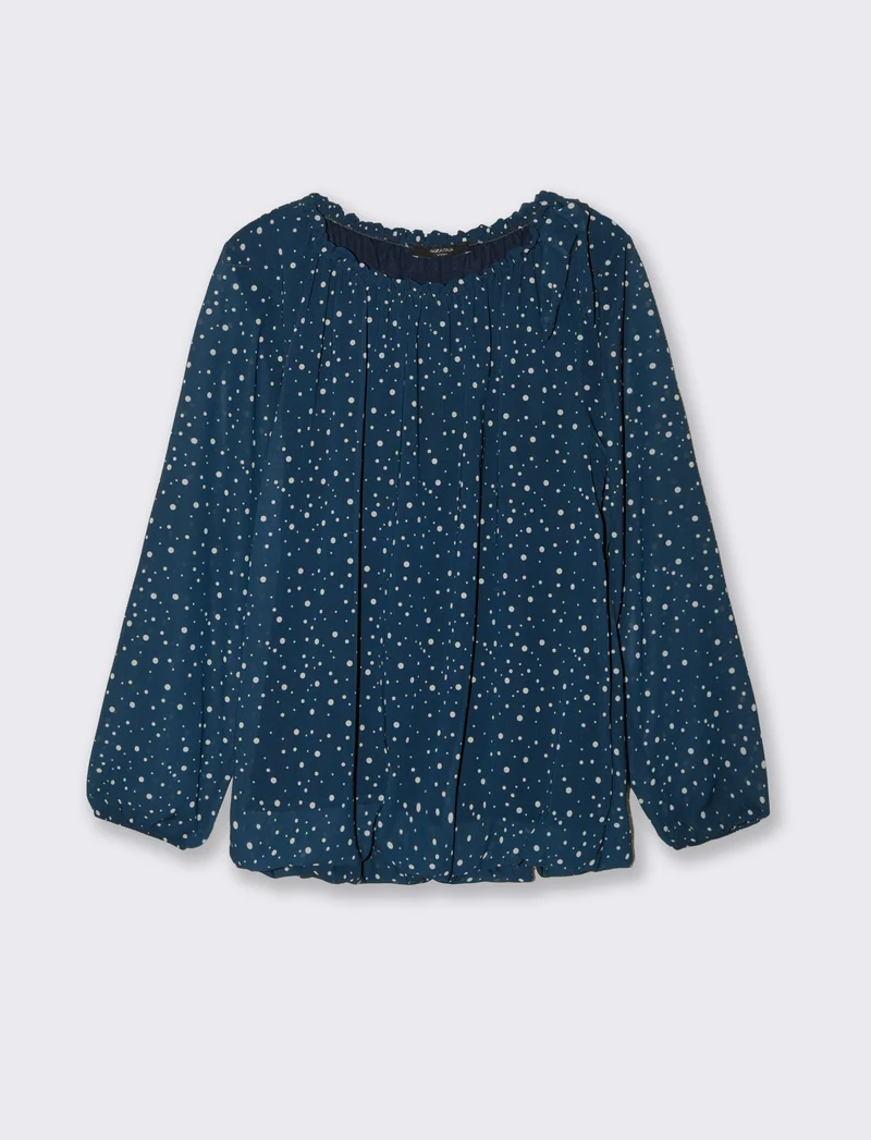 Blusa ampia in tessuto leggero con stampa e fiocco su una spalla. - Blu
