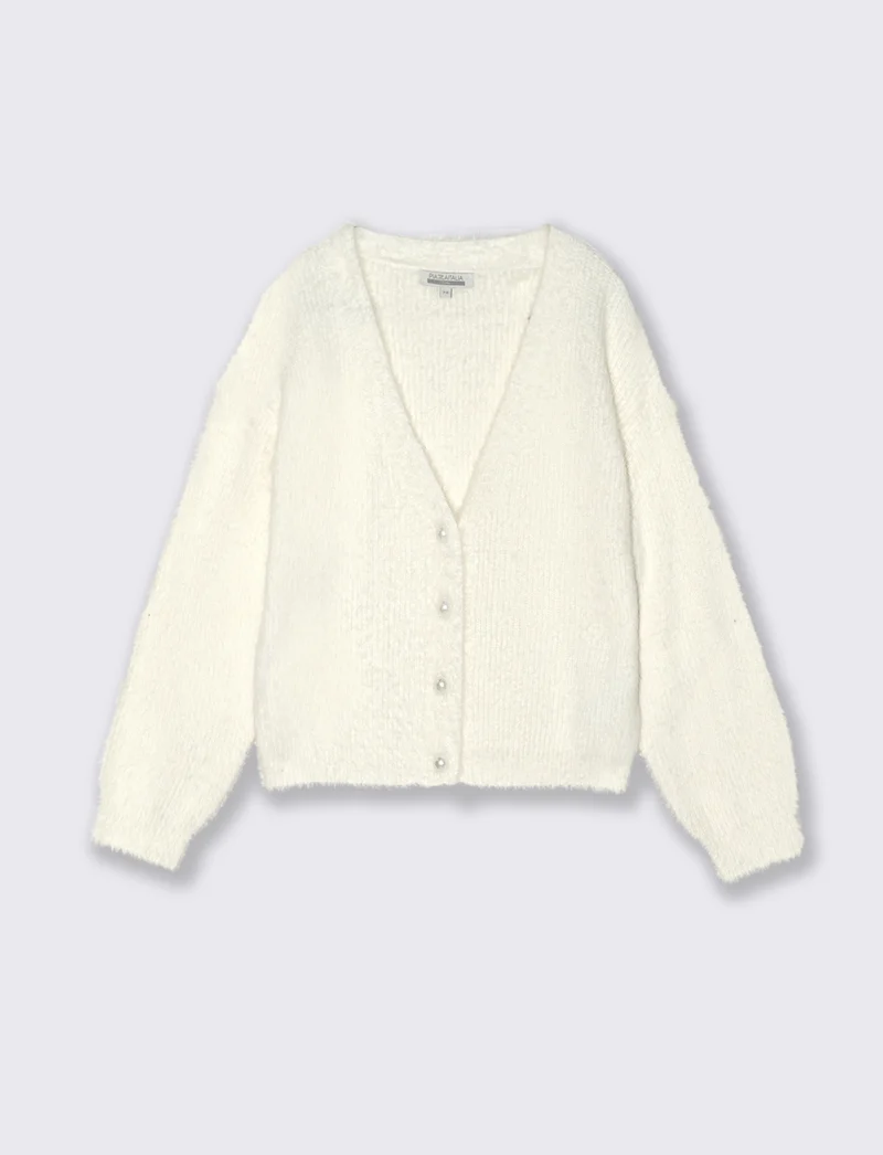 Cardigan in filato morbido con bottoni perlati. - Bianco latte