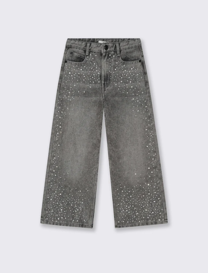 Jeans grigio gamba larga con strass. - Grigio