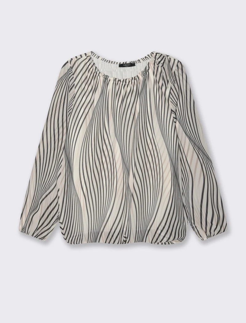 Blusa ampia in tessuto leggero con stampa e fiocco su una spalla. - Bianco-nero