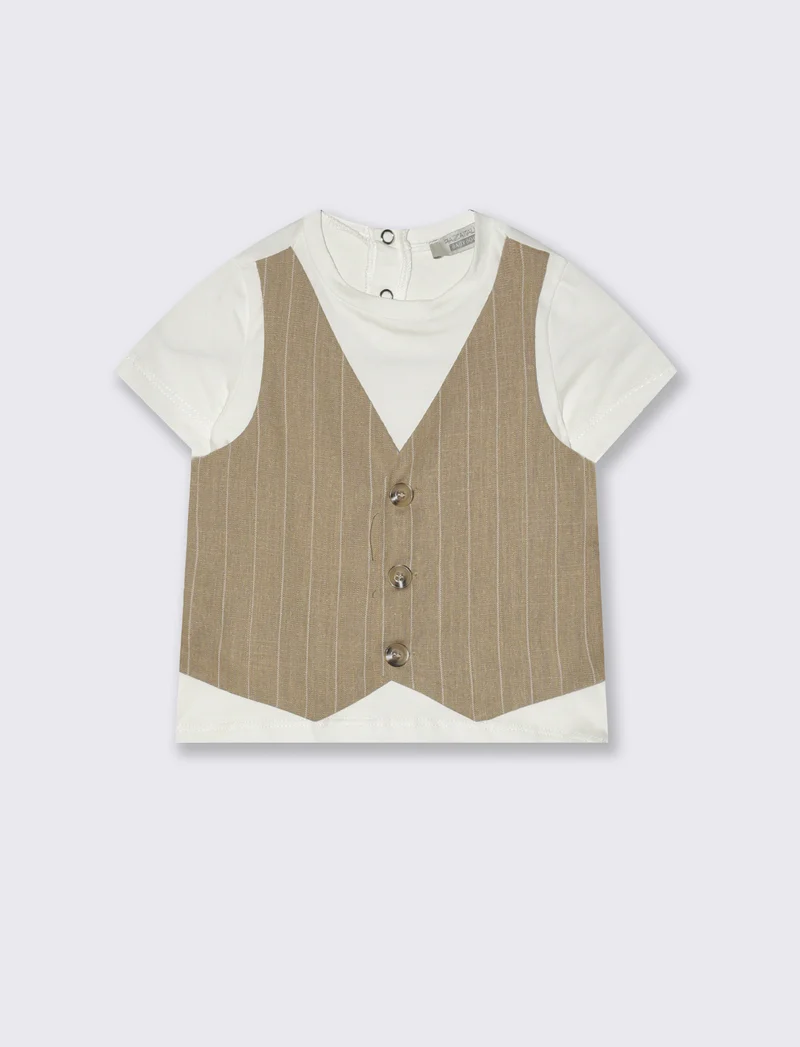 t shirt con inserto gilet in misto lino. - Beige