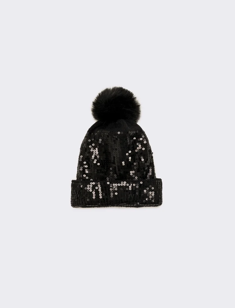 Cappello con pon pon e paillettes - Nero