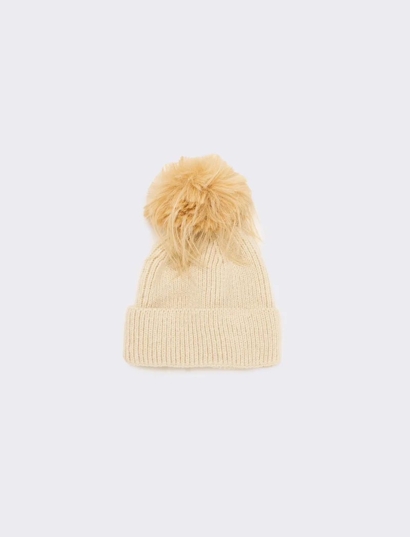Cappello con pon pon pelo lungo donna - Beige