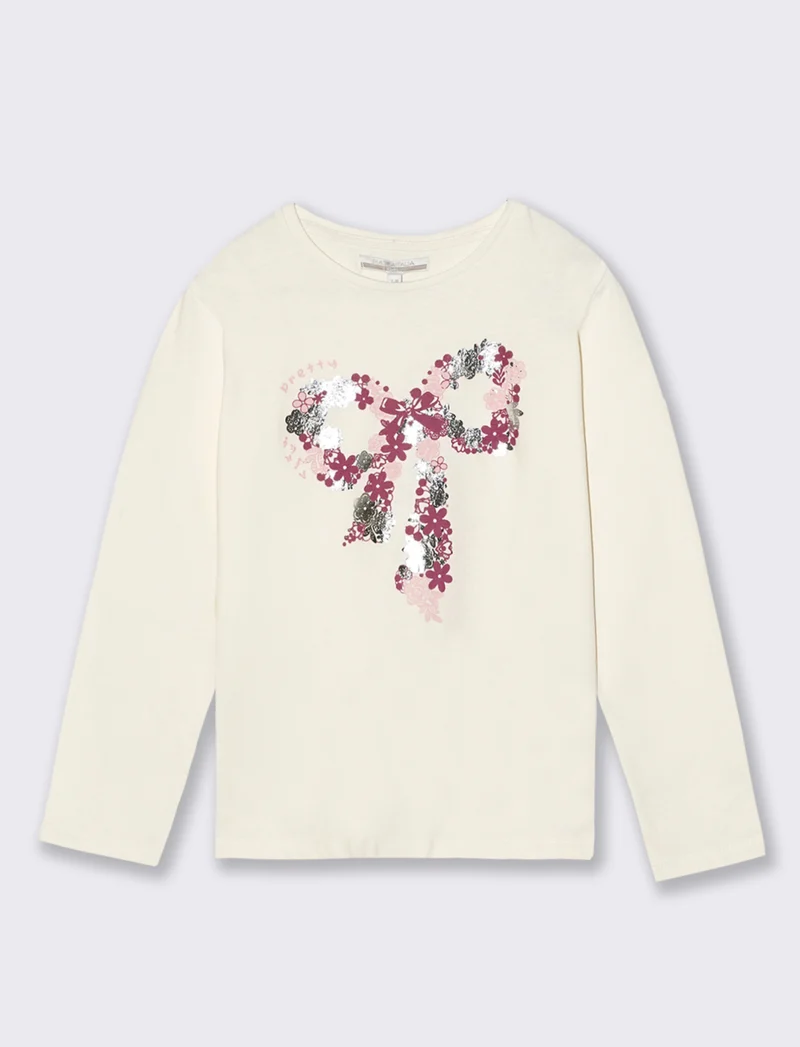 T- shirt manica lunga in cotone. - Bianco latte