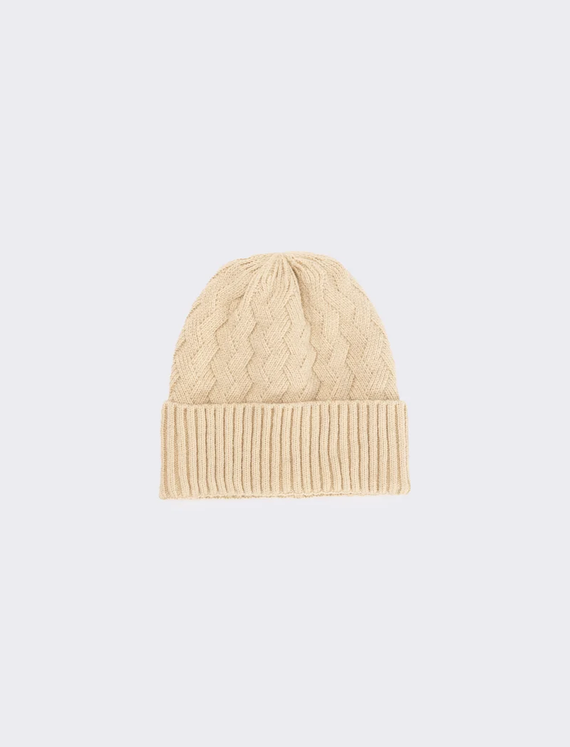 Cappello cuffia con intreccio e risvolto - Beige