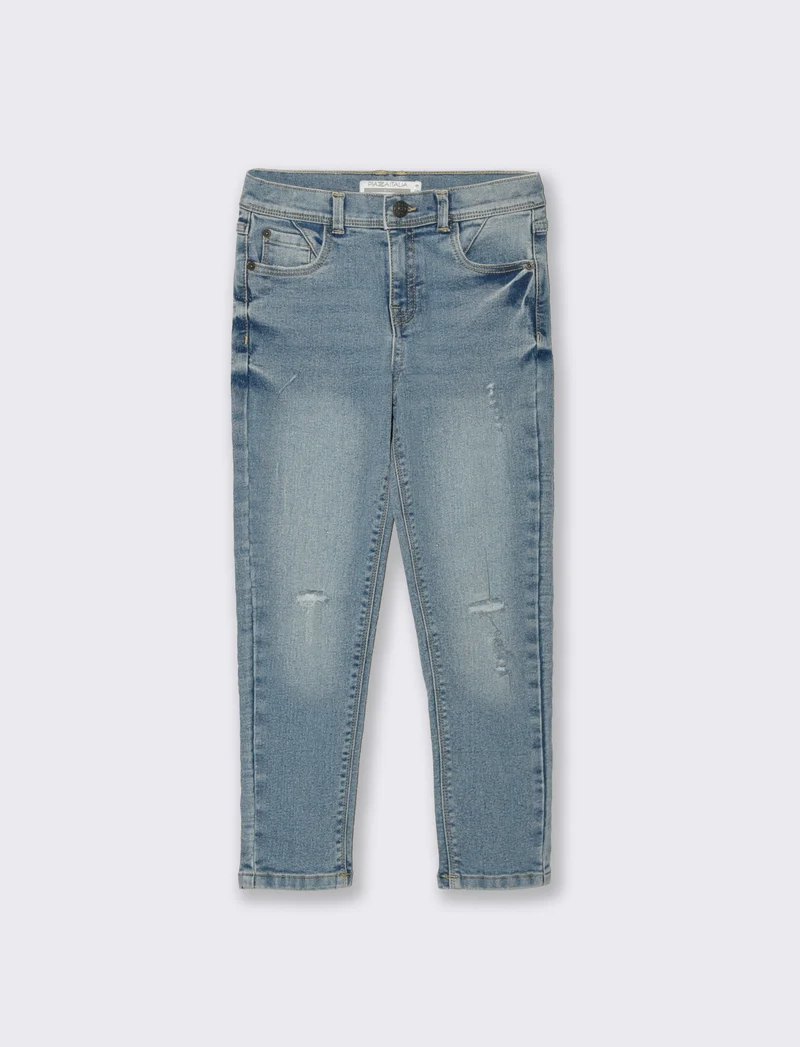 Jeans 5 tasche con rotture e vita elastica - Denim