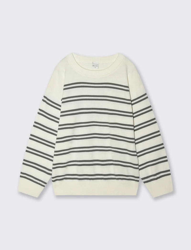 Maglia rigata girocollo in cotone comoda - Bianco latte