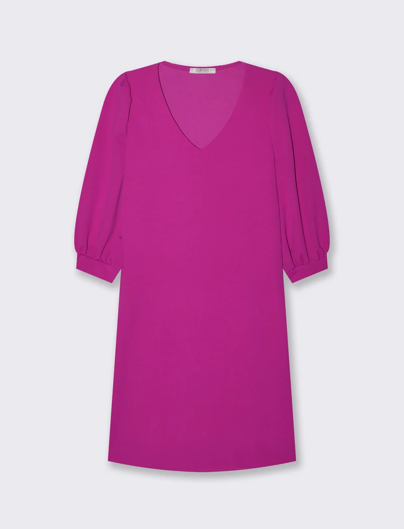 Vestito con maniche a sbuffo 3/4 e scollo a V - Fuxia
