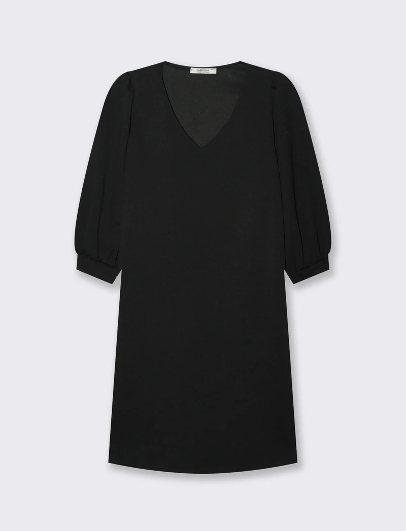 Vestito con maniche a sbuffo 3/4 e scollo a V - Nero