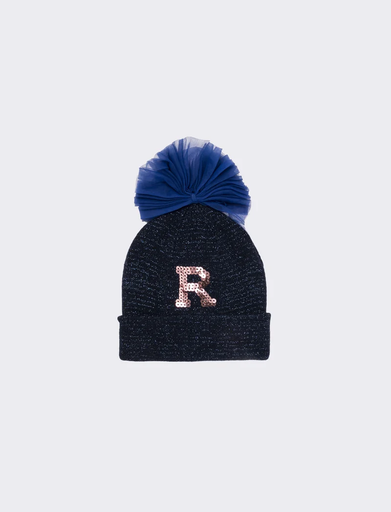 Cappello con fiocco in tulle e lettera paillettes - Blu-rosa