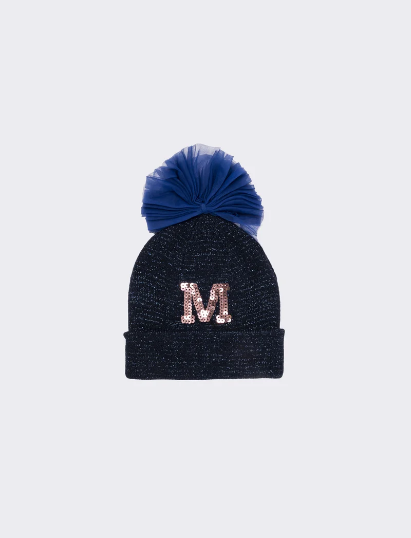 Cappello con fiocco in tulle e lettera paillettes - Blu scuro