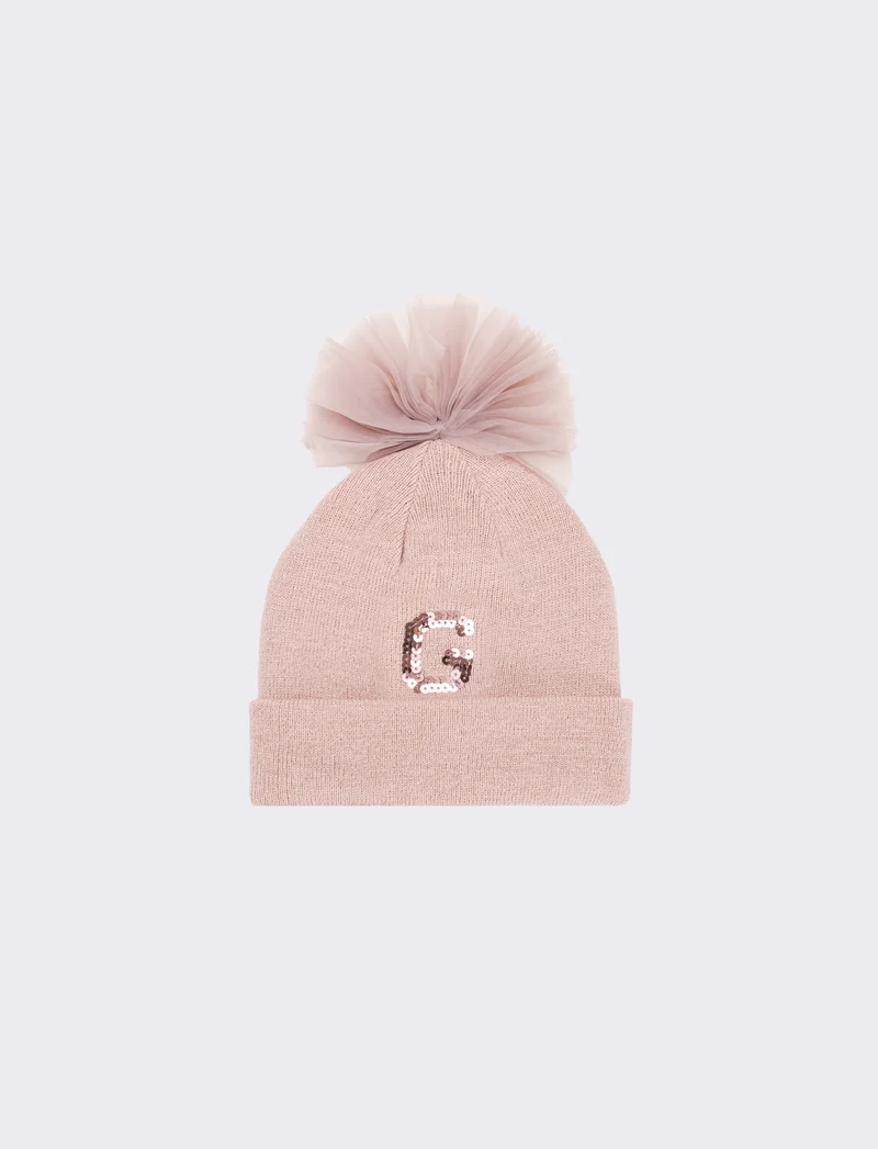 Cappello con fiocco in tulle e lettera paillettes - var 3